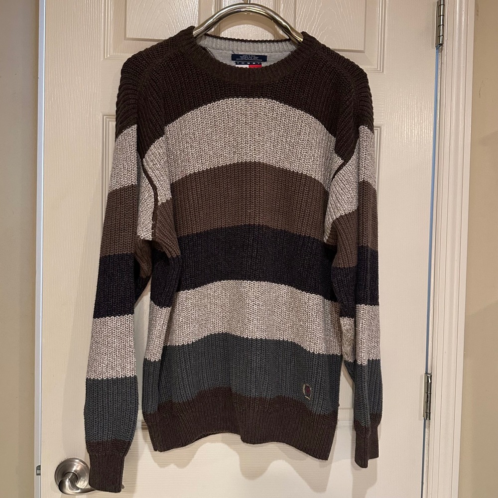 Tommy Hilfiger Mens Striped Chunky Knit Cotton Crew Neck Sweater Brown M